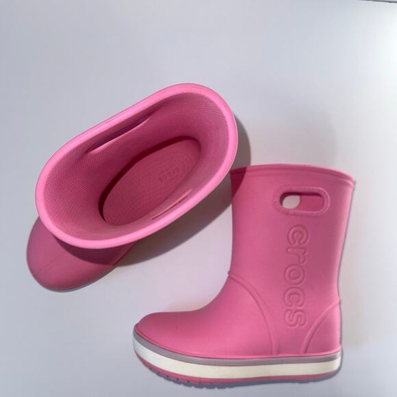 CROCS Pink Rain Boots Kids J 1 play condition dmg - Picture 4 of 12